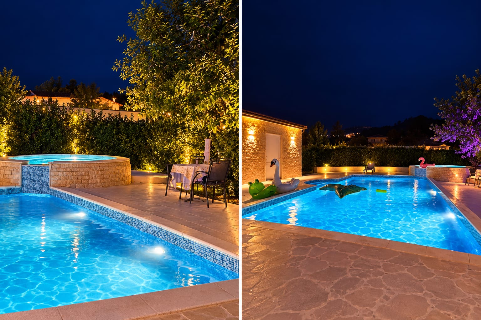 Jacuzzi i bazen Ville Mirror u večernjem ambijentu